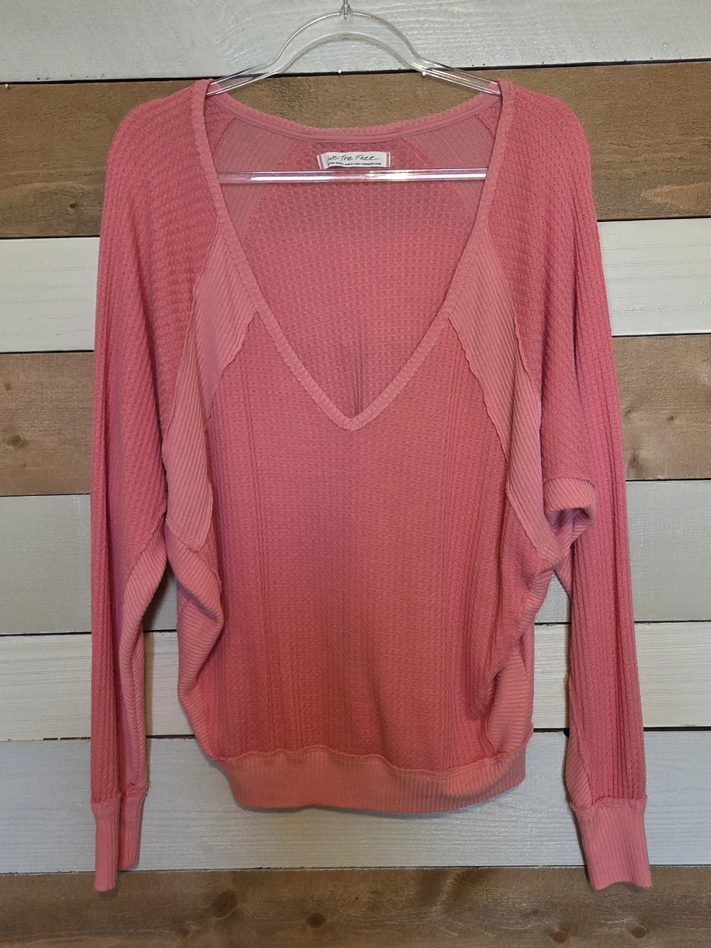 Free People Pink Ribbed V-Neck Long Sleeve Top